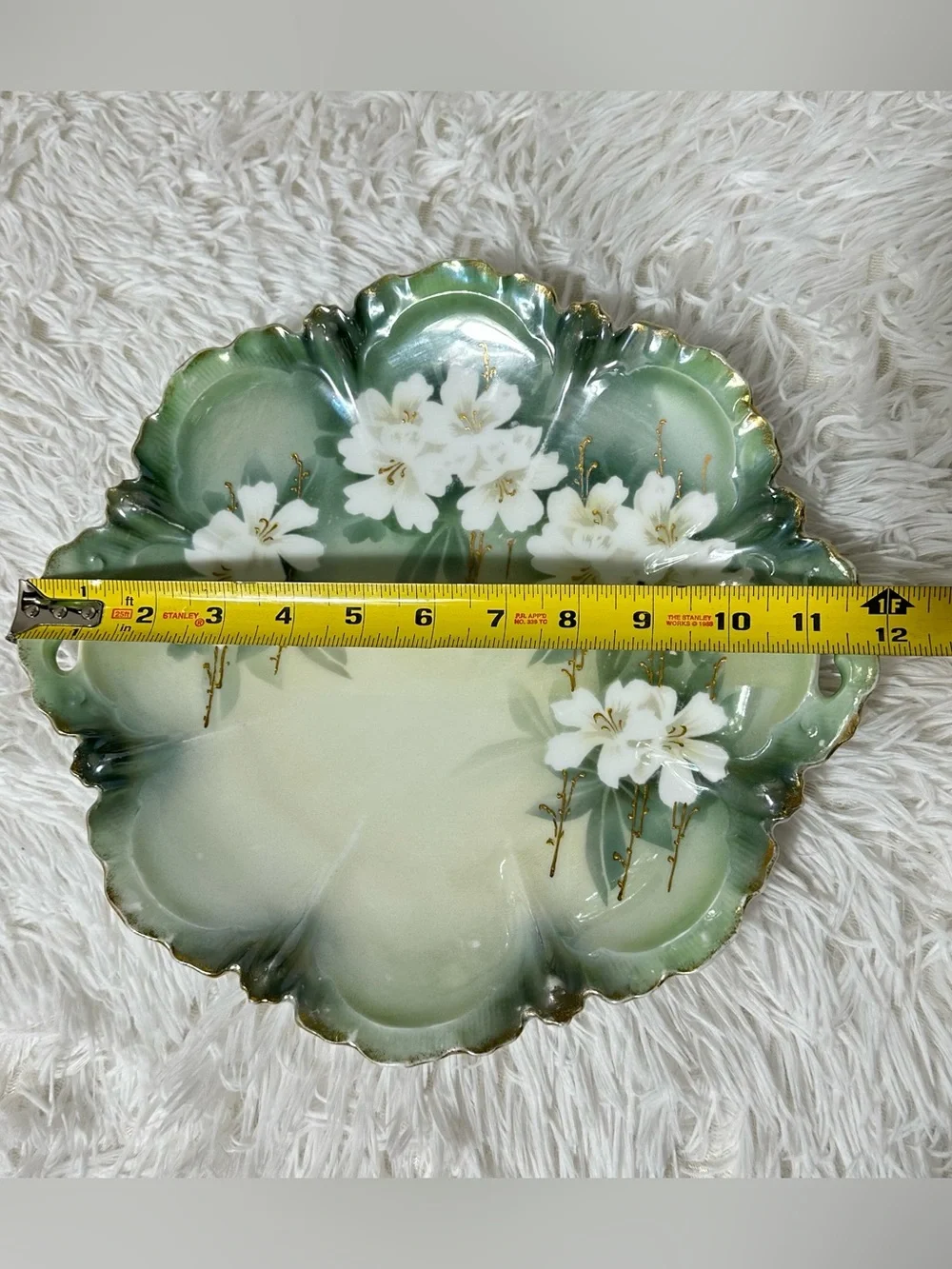 VTG RS Germany Handled Floral Serving Cake Tray Green White Gold Cherry Blossoms